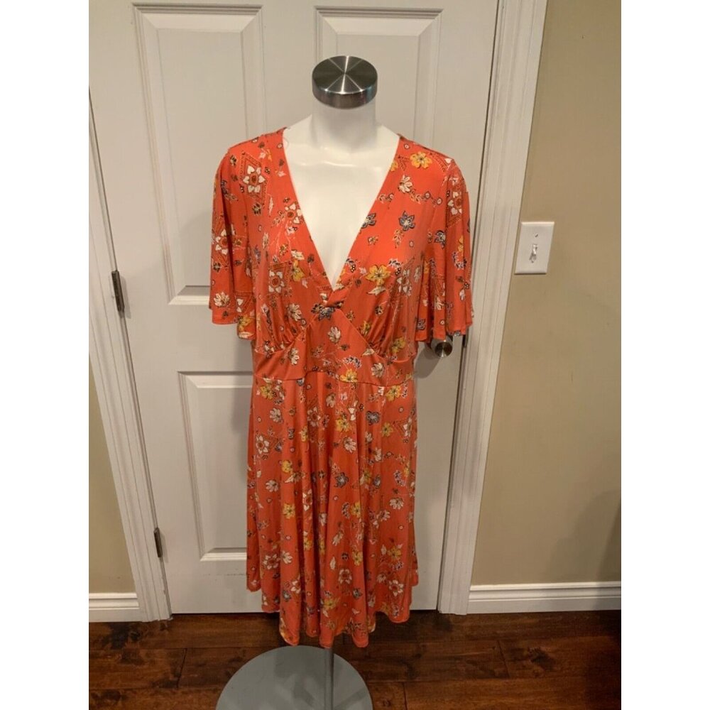 Torrid Orange Floral V-Neck Dress, Size 1 (1XL  Plus)